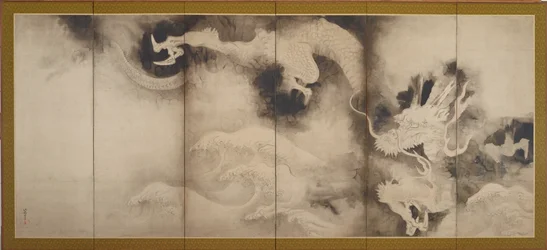 Dragons et nuages, période Edo (encre et teinte rose sur papier)